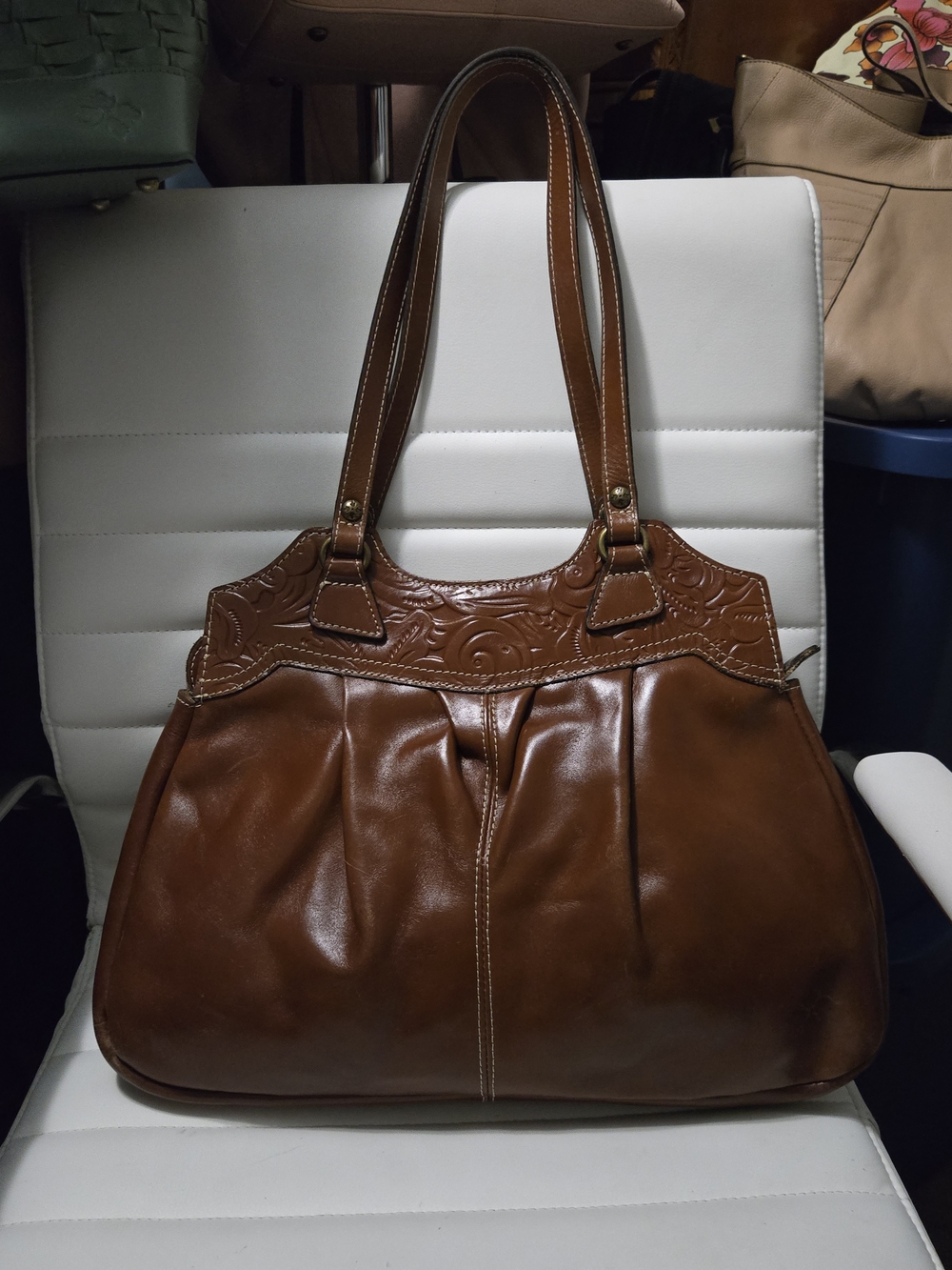 Patricia Nash Cognac Brown Embossed Leather Shoulder Bag
